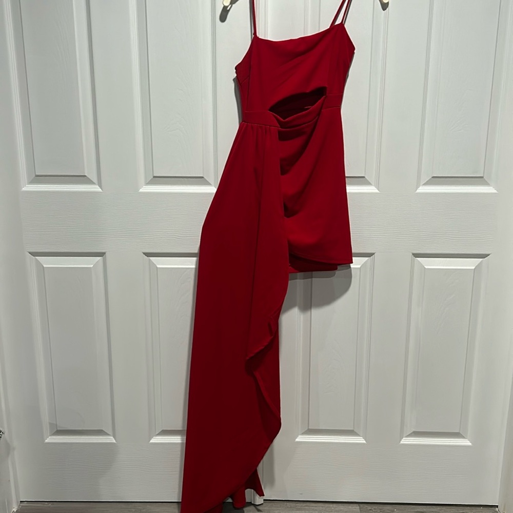 Windsor Red Side Train Dress with Front Cut Out